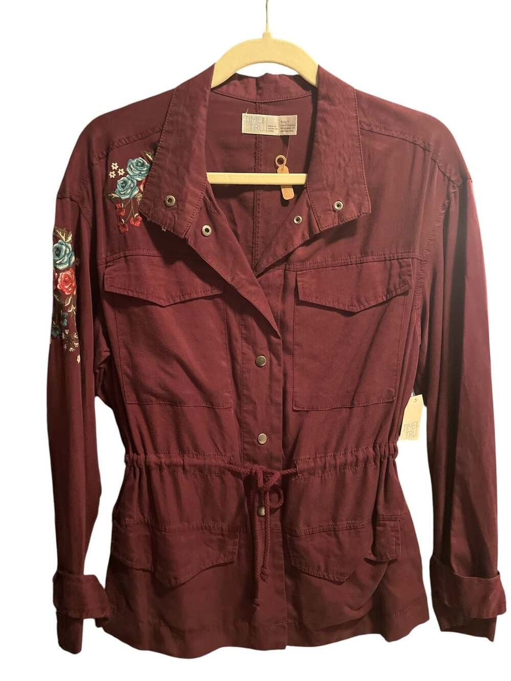 NWT Time and Tru Utility Jacket Burgundy Floral Embroidered